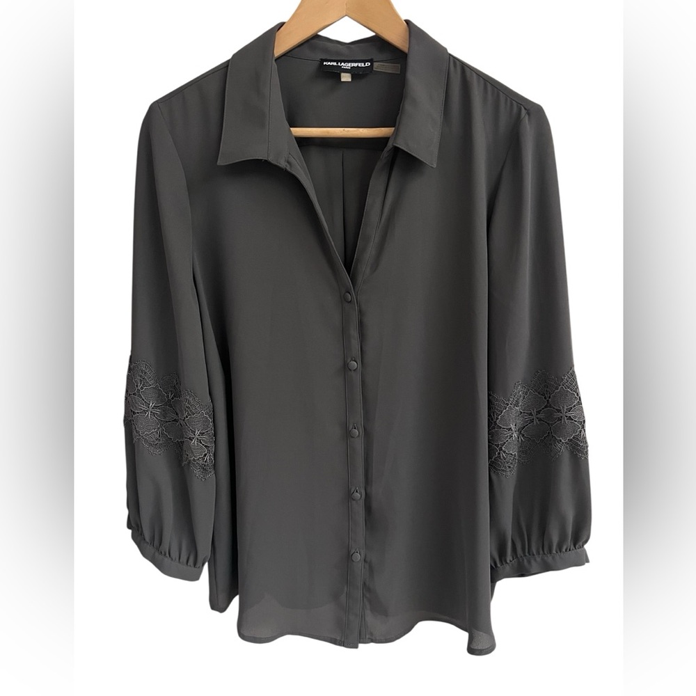 KARL LAGERFELD Paris Embroidered Sleeve Button Up Blouse L/XL Olive Green Chic